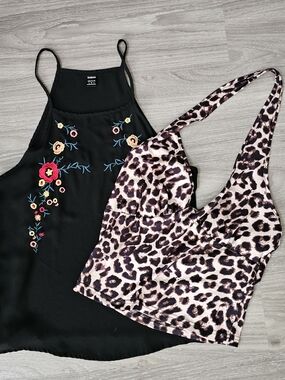 Lot Of 2- Tank & Halter Top. Embroidered Black & Leopard Print.
